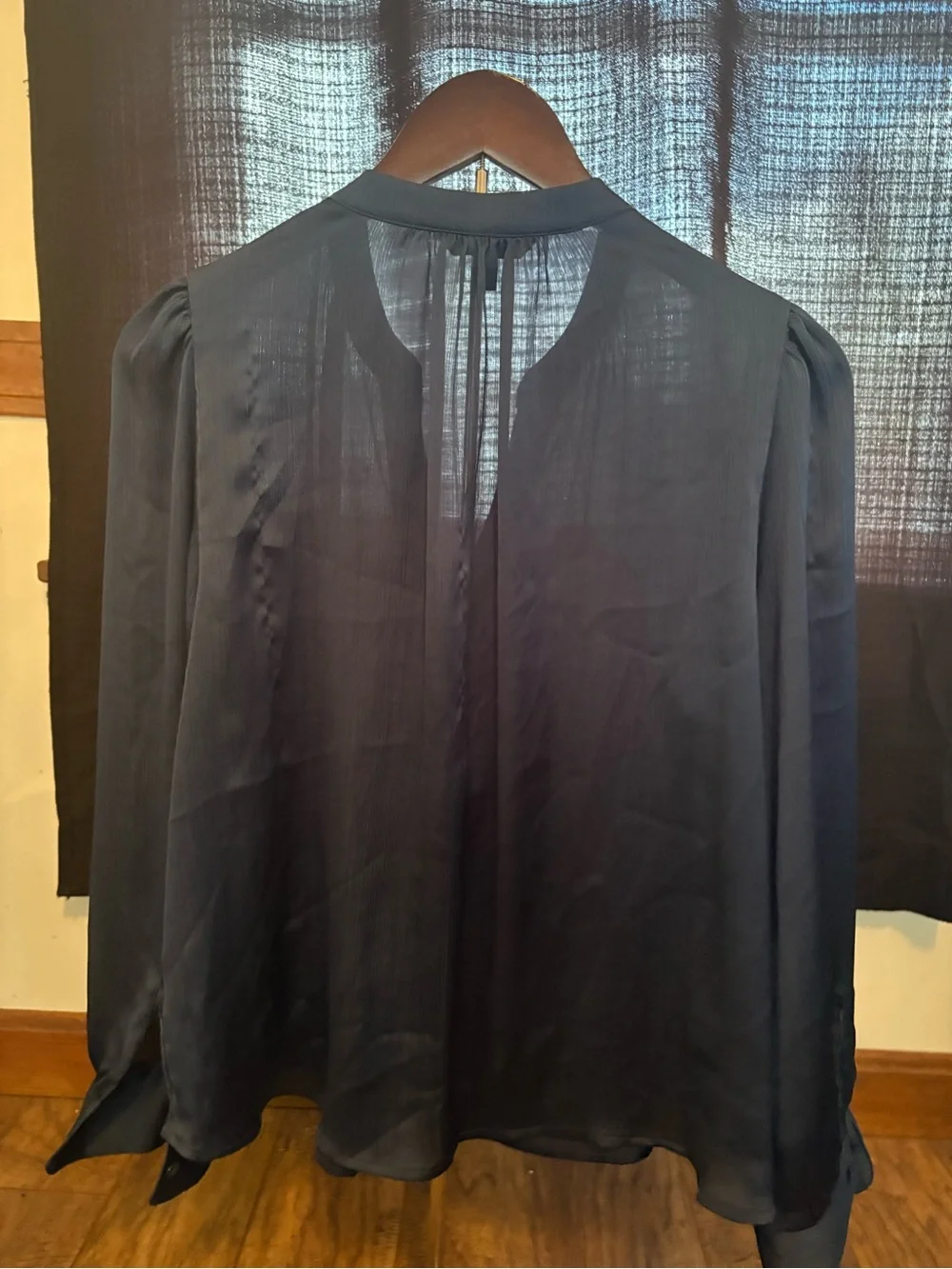 Banana Republic Petite L Black Sheer Chiffon Blouse Keyhole Puff Sleeve Top